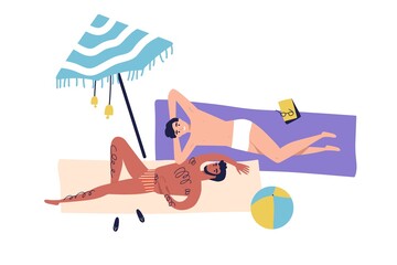 Cartoon caucasian homosexual men sunbathing on beach. Gay couple lying, having rest, relaxing. Male friendship, relaxation under umbrella in cartoon flat illustration isolated on white background