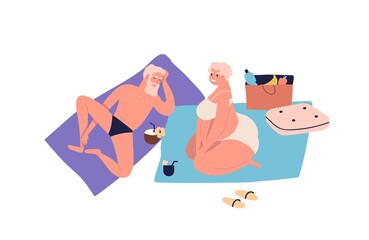 Elderly old couple sunbathing on beach. Retired people, grandparents sit, smile, lying on blanket. Summer vacation, chilling, picnic in cartoon flat vector illustration isolated on white background