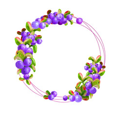 A geometric frame with ripe irgi berries on a white background is isolated. Graphic element. Watercolor illustration