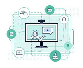 Online learning via webcam illustration: learning at home, distance education. editable stroke vector illustration