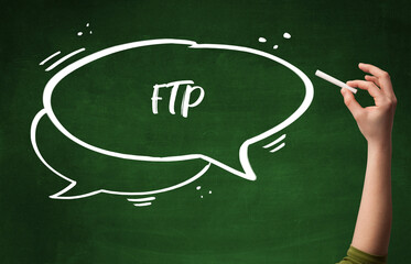 Hand drawing FTP abbreviation with white chalk on blackboard