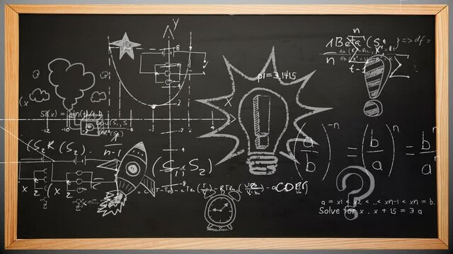 Animation of mathematical formulae with data processing and digital information on school chalkboard