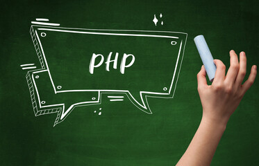 Hand drawing PHP abbreviation with white chalk on blackboard
