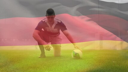 Animation of a German flag waving over mixed race male rugby player running - Powered by Adobe