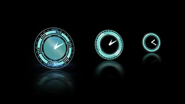 Digital watches rotating on black background