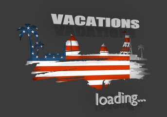 Tropical beach. Silhouettes of the palm, boat and lifeguard tower. 3D rendering. Flag of the USA. Progress or loading bar.