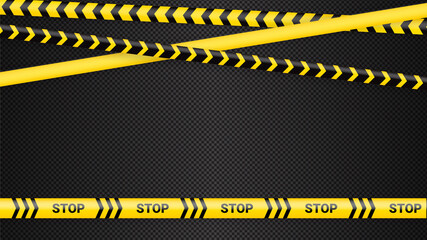 Police tape, crime danger line. Caution police lines isolated. Warning tapes. Set of yellow warning ribbons. Vector illustration on dack transparent background.