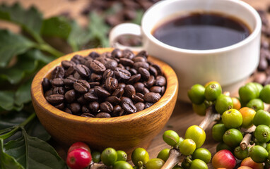 Cup of coffee beans with smoke