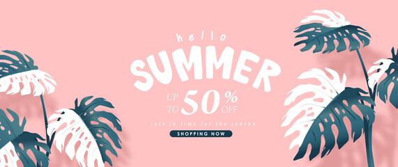 Summer sale design with monstera leaves decorating bright Color background layout banners template.