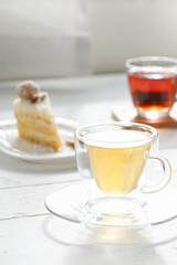 Slice Of Coconut Cake With Afternoon Tea