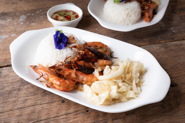 Stir Fried Shrimp with Tamarind Sauce with Rice with studio light delicious looking.