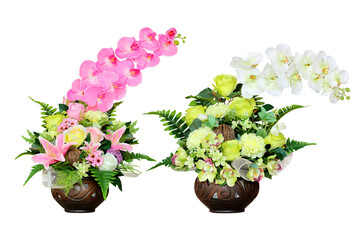 artificial orchid flower in vase on white