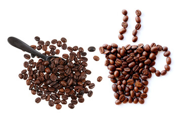 Brown roasted coffee beans isolated on white
