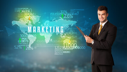 Businessman in front of a decision with MARKETING inscription, business concept