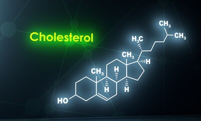 Chemical molecular formula of cholesterol. Infographics illustration. Connected lines with dots background. 3D rendering