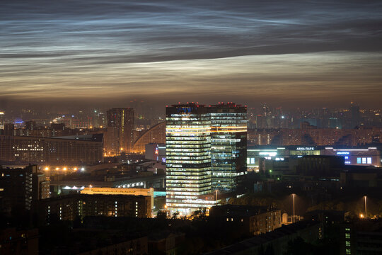 building of mail ru on the background of Noctilucent clouds at night