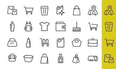 Fototapeta premium Simple set of bags, shopping and travel icons. Vector illustration Contains icons such as Card, wallet, shopping basket, discount, bowl, package. On a white background, editable stroke