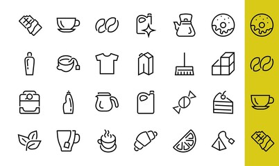 COFFEE and TEA LINEAR ICONS SET, contains Icons of tea, tea bag, Coffee machine, cake, sugar, teapot, cup, milk, cream, Lemon, chocolate bar, LINEAR ICONS Editable stroke