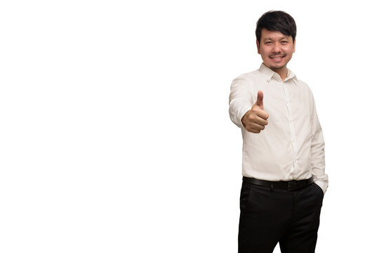 Asian businessman wear white shirt show thumps up by one hand, smiling and feeling happy, look at camera, isolate on white background