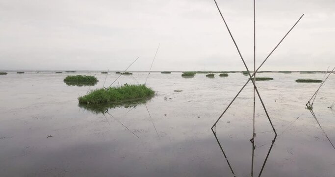 Wooden Poles Standing On The Loktak Lake With Reflections Of Sky On The Water In Manipur, Northeast India. - aerial drone