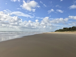 Fototapeta na wymiar Australian beach with storm clouds and reflections in the sand, Mudjimba Beach, Queensland