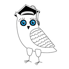 White owl with blue eyes in a graduation hat.