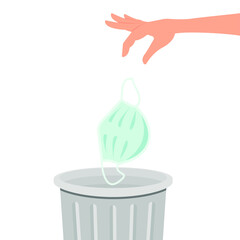 A hand throws a medical mask into the trash can. Vector illustration isolated on white background, flat cartoon design, eps 10.