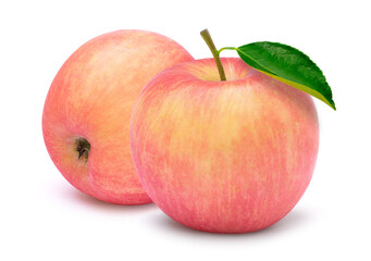 Closeup two whole pink fuji apples with green leaf isolated on white background. Full depth of field.