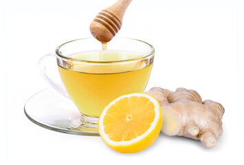 Closeup glass cup of hot ginger tea with honey and fresh ginger root with lemon slice isolated on white background . Healthy drinks and herbal tea concept.