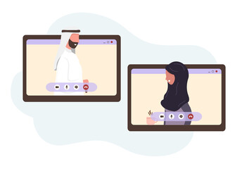 Video call conference, remote project management, chat with friends concept. Young arab people making video call through virtual user interface window. Working from home. Vector in flat style.