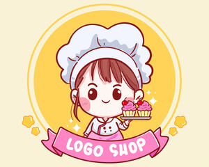 Cute Chef girl smiling cartoon art holding Cake Cherry illustration logo. Premium Vector