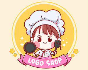 Cute Chef girl smiling cartoon art holding pan and Spatula illustration logo. Premium Vector