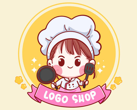 Cute Chef girl smiling cartoon art holding pan and Spatula illustration logo. Premium Vector Stock Vector | Adobe Stock Cute Chef girl smiling cartoon art holding pan and Spatula illustration logo. Premium Vector Stock Vector | Adobe Stock