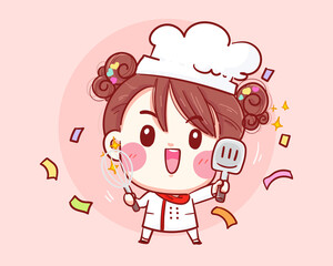 Cute Chef girl smiling cartoon art holding Stainless Whisk and Spatula illustration logo. Premium Vector