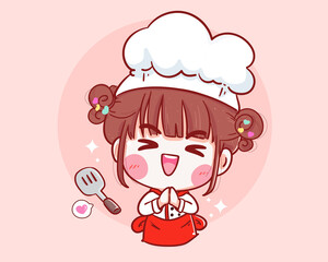 Cute Chef girl smiling cartoon art illustration logo. Premium Vector