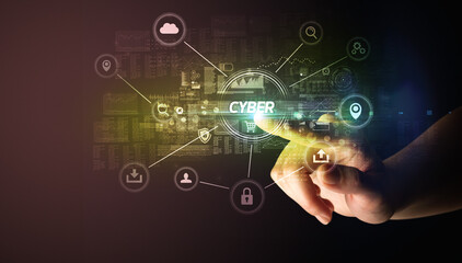 Obraz premium Hand touching CYBER inscription, Cybersecurity concept