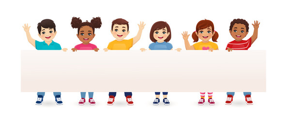 Smiling kids boys and girls holding empty blank board isolated vector illustration. Multiethnic happy children with placard.