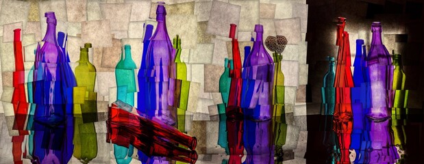 Abstract collage with colored bottles on a reflective surface
