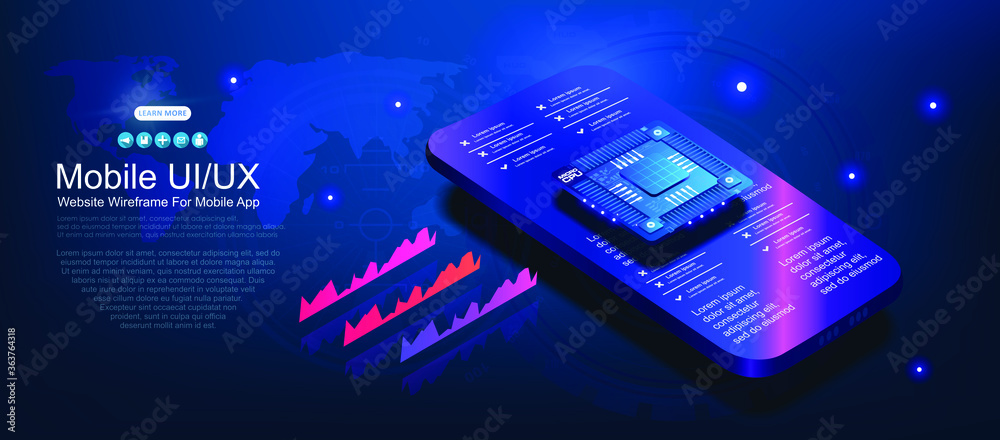 Poster futuristic microchip processor for mobile phone on blue background. powerful processor for processin