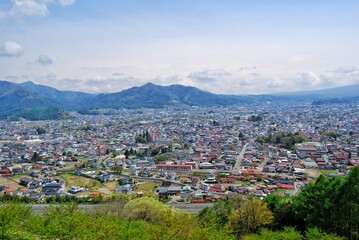High angle view of Shimoyoshida town by the mountain, Yamanashi, Japan.