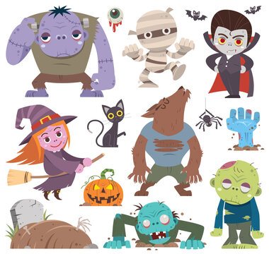 Vector illustration of Cartoon Set of Halloween characters. Mummy, zombie, vampire, witch, pumpkin head