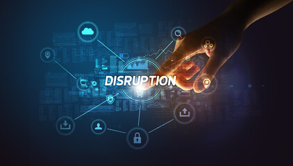 Hand touching DISRUPTION inscription, Cybersecurity concept