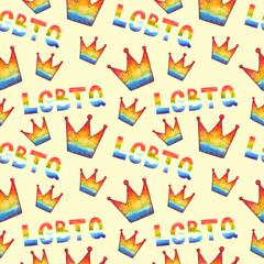 LGBT seamless watercolor pattern. Rainbow crowns and letters on a yellow background.