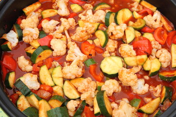 a pan with cauliflower, zucchini, peppers and tomato
