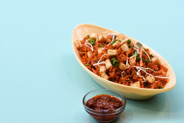 Schezwan paneer fried rice with schezwan sauce,Chinese fried rice with paneer,indo-chinese cuisine dishes. selective focus