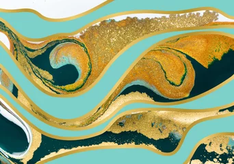 Poster Blue and gold agate ripple pattern. Marble background with wave layers. © anya babii