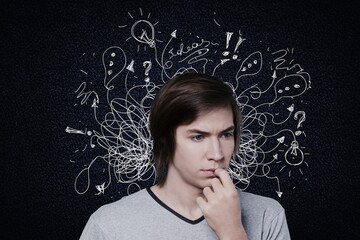 Young man with worried stressed face expression with illustration