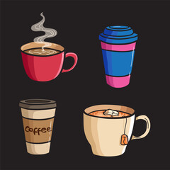 Set coffee paper cup with tea cup. Vector illustration. Colored doodle style