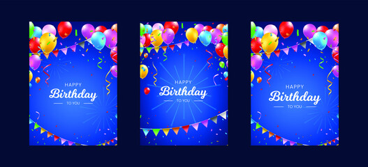 Set of Happy Birthday Vertical Poster with Colorful Balloons , Confetti and Streamers on Dark Background . Isolated Vector Elements