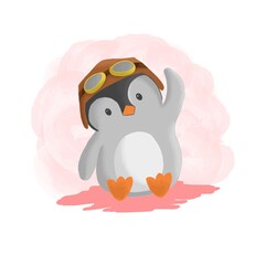 Vector Illustration Pilot Penguin Simple Mascot Style.